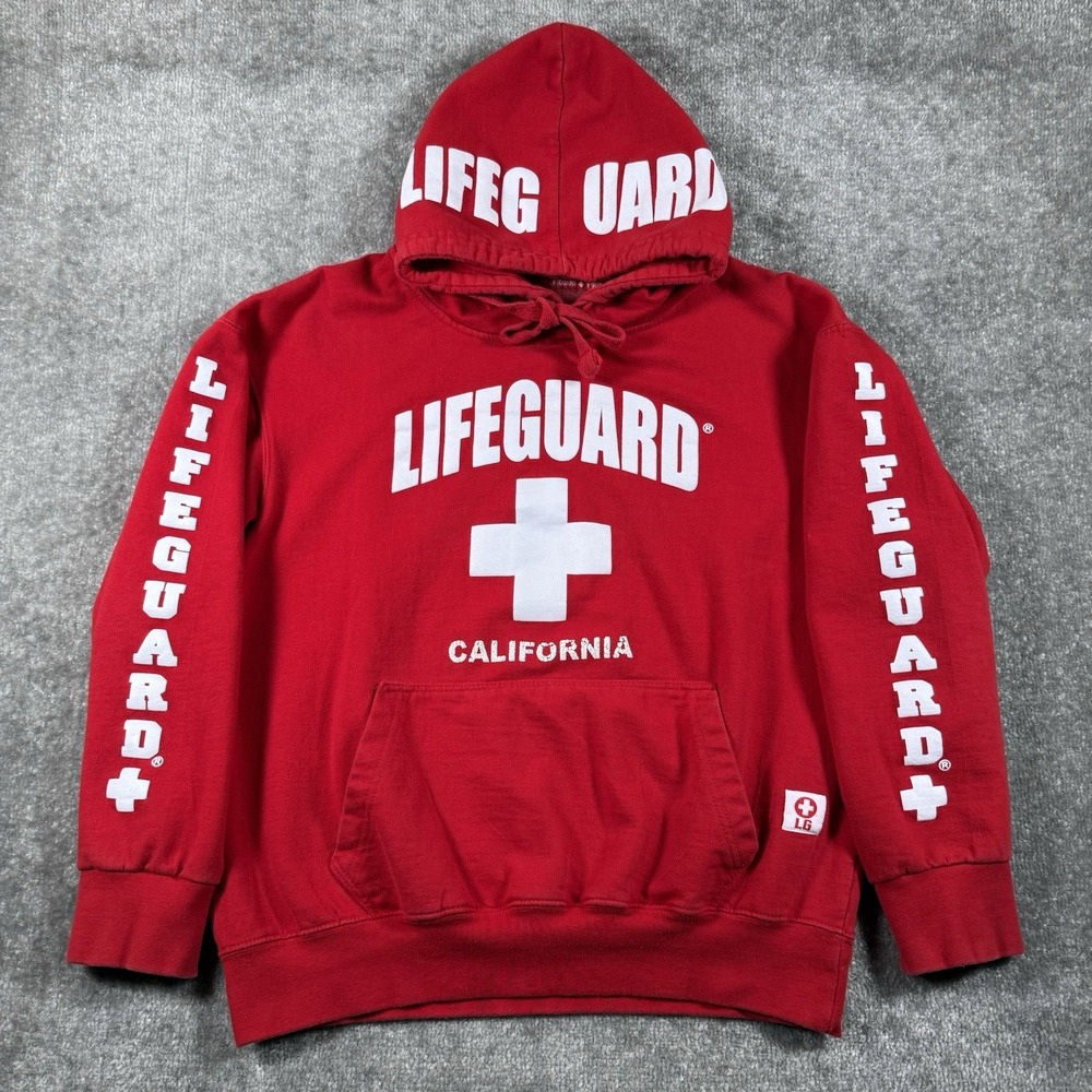 Lifeguard Hoodie Men's Medium Red Spell Out California Beach Pool